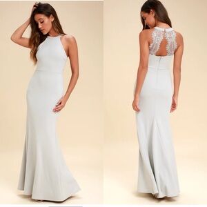 NWT! Lulus Joella Light Grey Lace Halter Maxi Dress